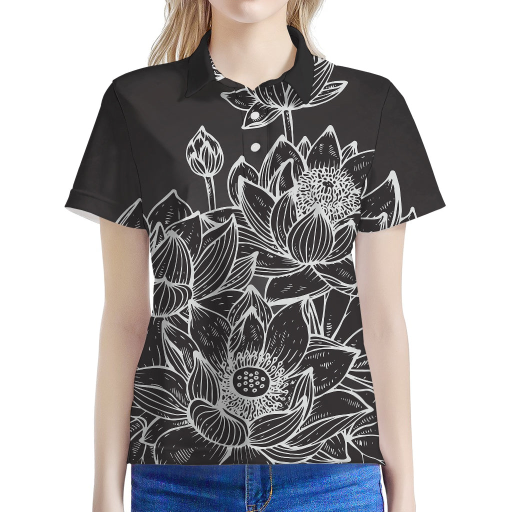 Monochrome Lotus Print Women's Polo Shirt