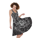 Monochrome Lotus Print Women's Sleeveless Dress