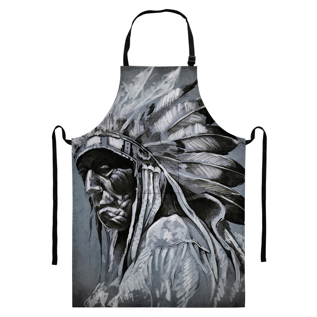 Monochrome Native Indian Portrait Print Bib Apron With Pocket