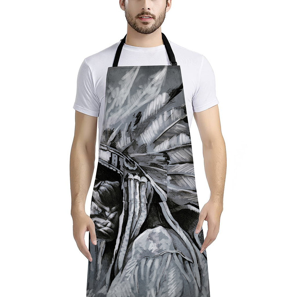 Monochrome Native Indian Portrait Print Bib Apron With Pocket