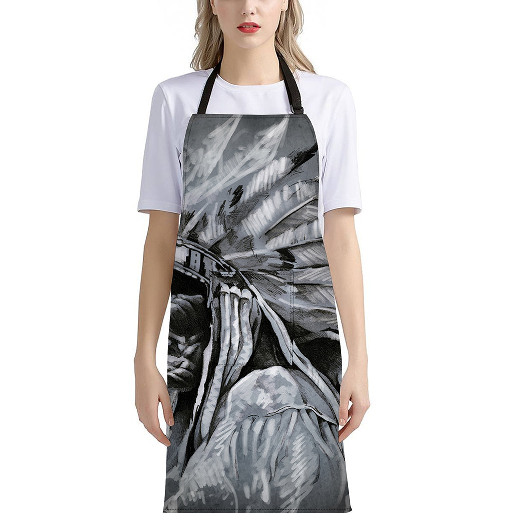 Monochrome Native Indian Portrait Print Bib Apron With Pocket