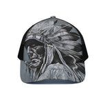 Monochrome Native Indian Portrait Print Black Mesh Trucker Cap