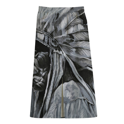 Monochrome Native Indian Portrait Print Cotton Front Slit Maxi Skirt