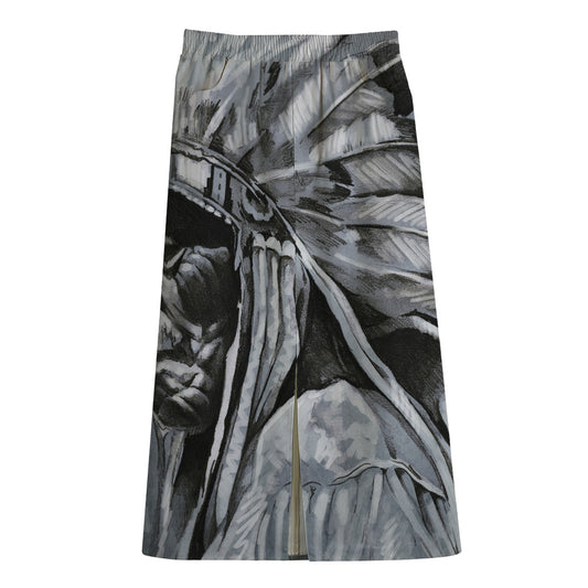 Monochrome Native Indian Portrait Print Cotton Front Slit Maxi Skirt
