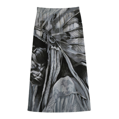 Monochrome Native Indian Portrait Print Cotton Front Slit Maxi Skirt