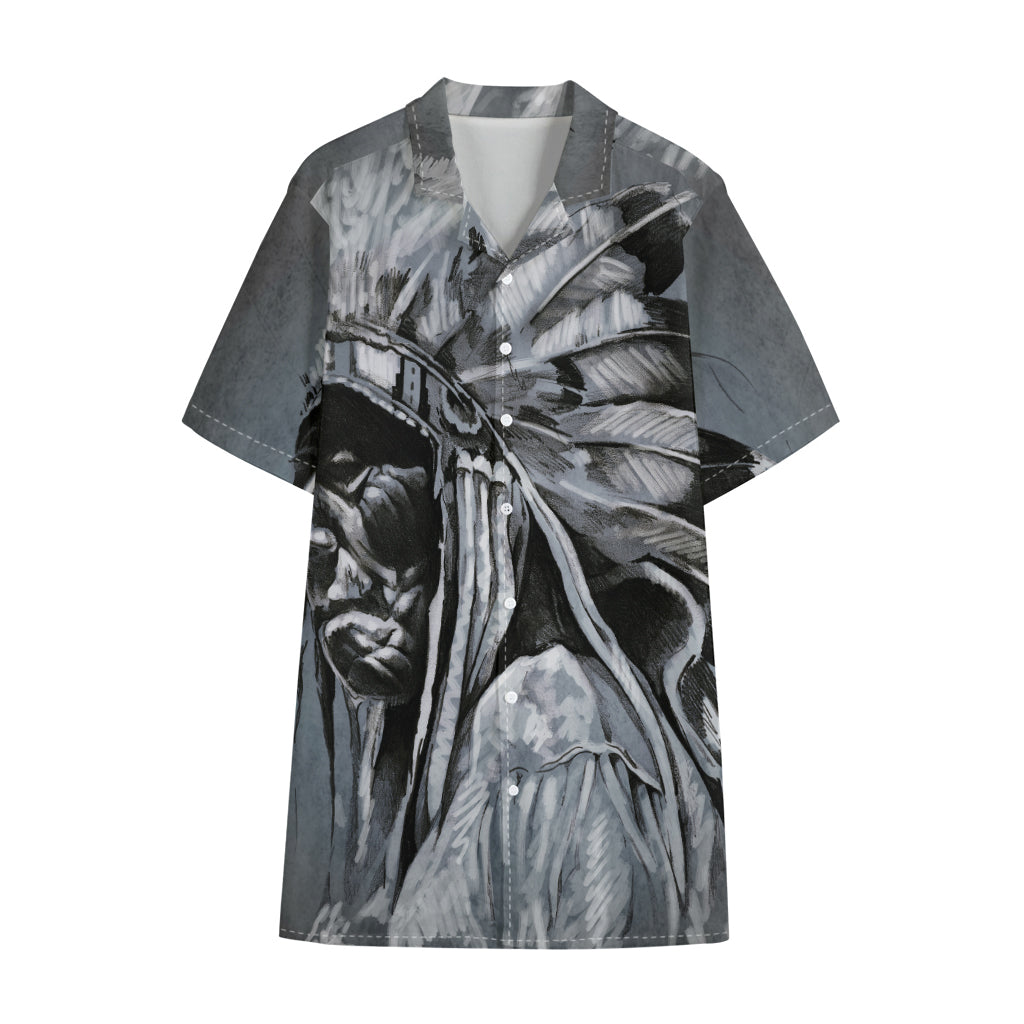 Monochrome Native Indian Portrait Print Cotton Hawaiian Shirt