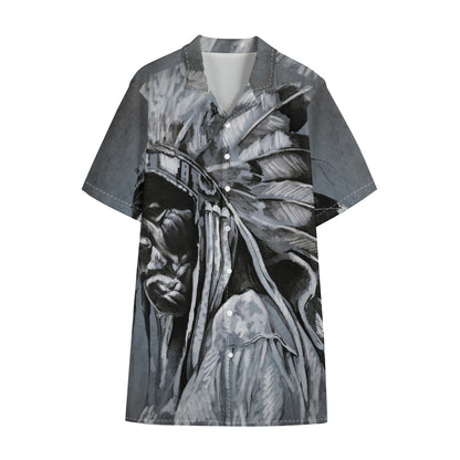 Monochrome Native Indian Portrait Print Cotton Hawaiian Shirt