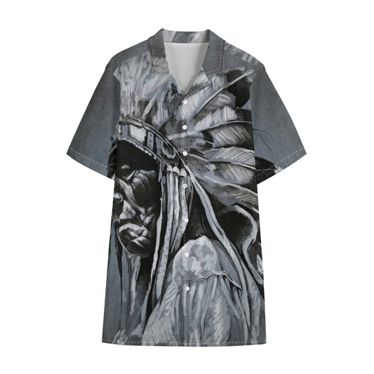 Monochrome Native Indian Portrait Print Cotton Hawaiian Shirt