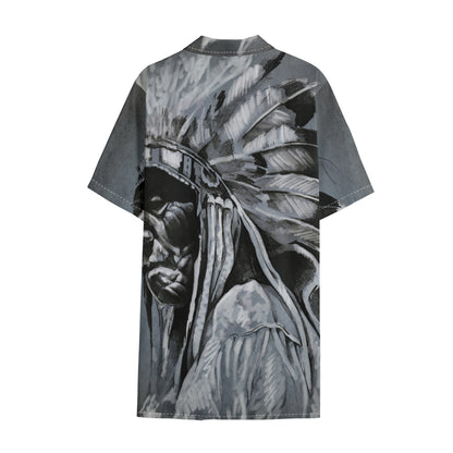 Monochrome Native Indian Portrait Print Cotton Hawaiian Shirt