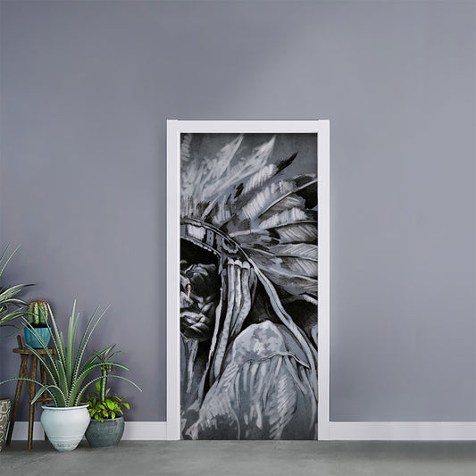 Monochrome Native Indian Portrait Print Door Sticker