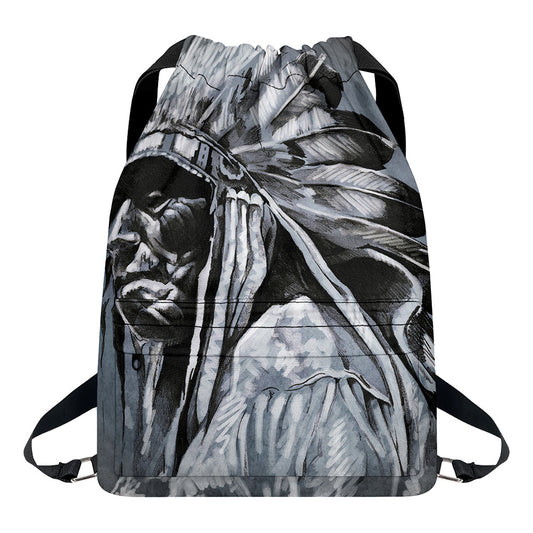 Monochrome Native Indian Portrait Print Drawstring Backpack