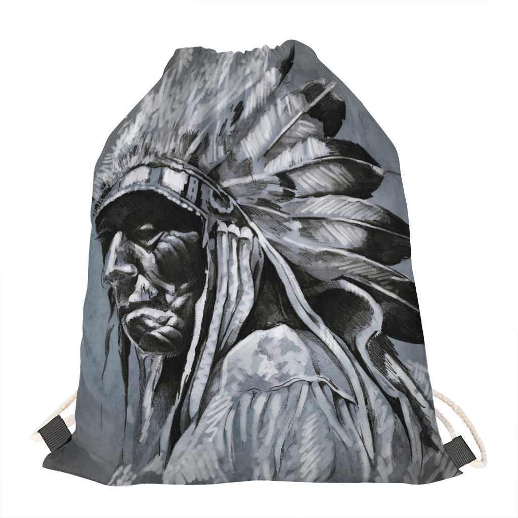 Monochrome Native Indian Portrait Print Drawstring Bag