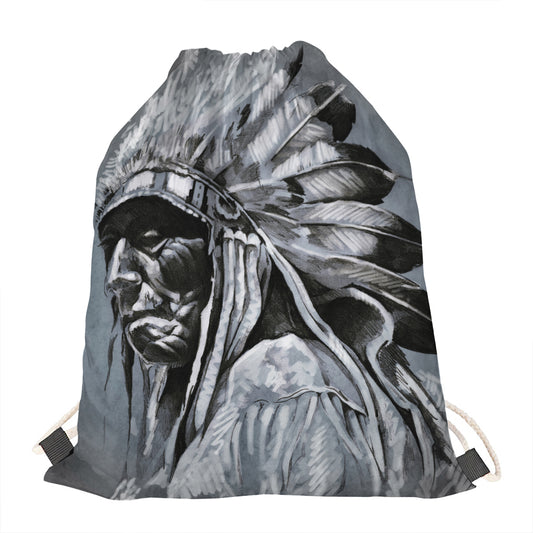 Monochrome Native Indian Portrait Print Drawstring Bag