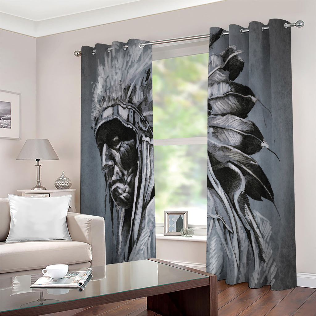 Monochrome Native Indian Portrait Print Extra Wide Grommet Curtains