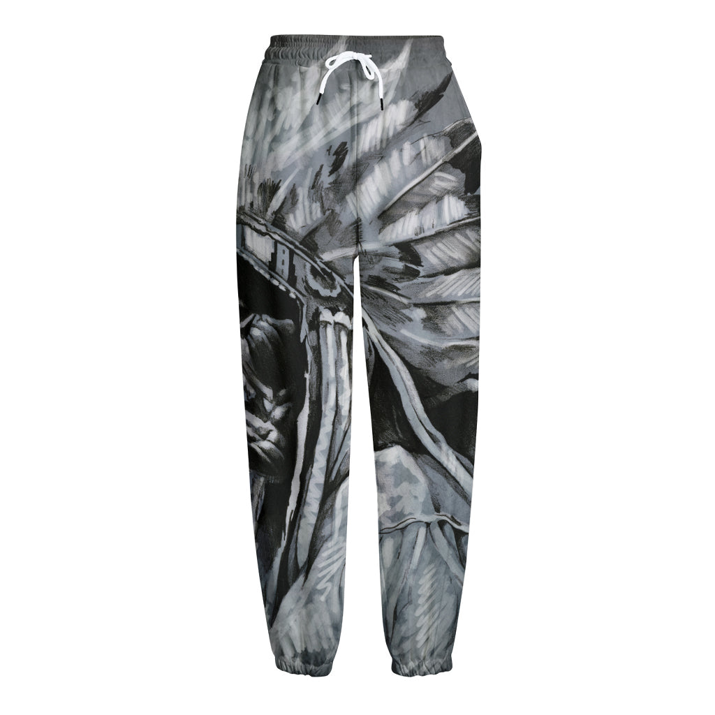 Monochrome Native Indian Portrait Print Fleece Lined Knit Pants
