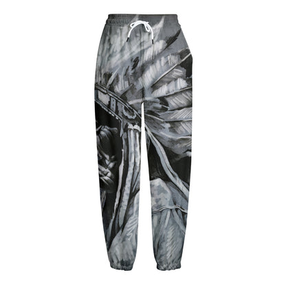 Monochrome Native Indian Portrait Print Fleece Lined Knit Pants