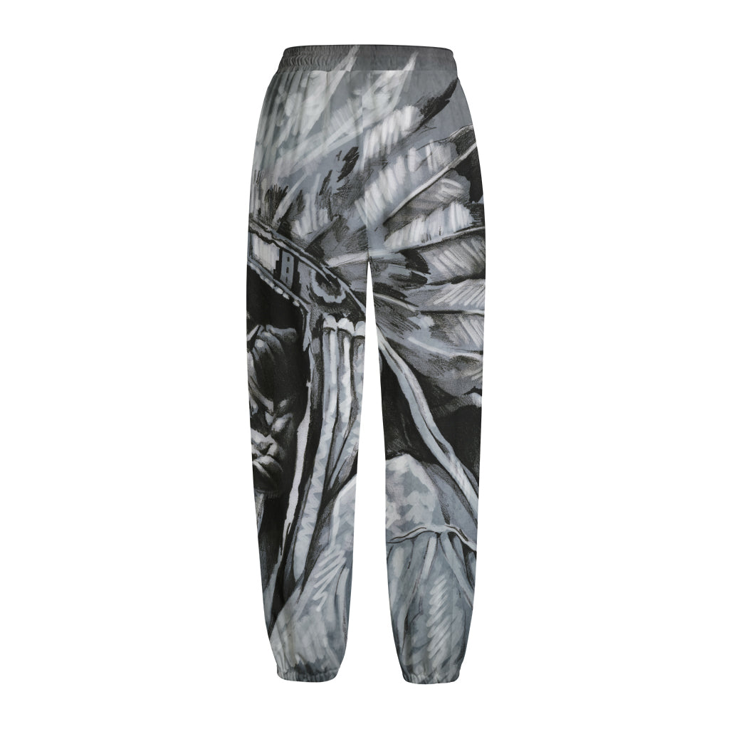 Monochrome Native Indian Portrait Print Fleece Lined Knit Pants