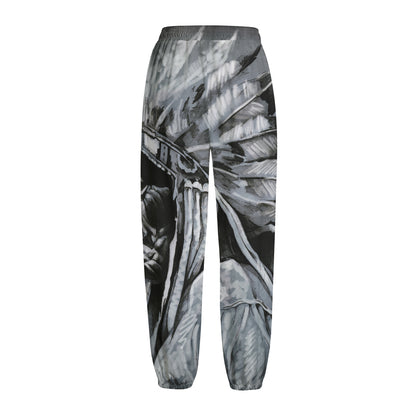 Monochrome Native Indian Portrait Print Fleece Lined Knit Pants