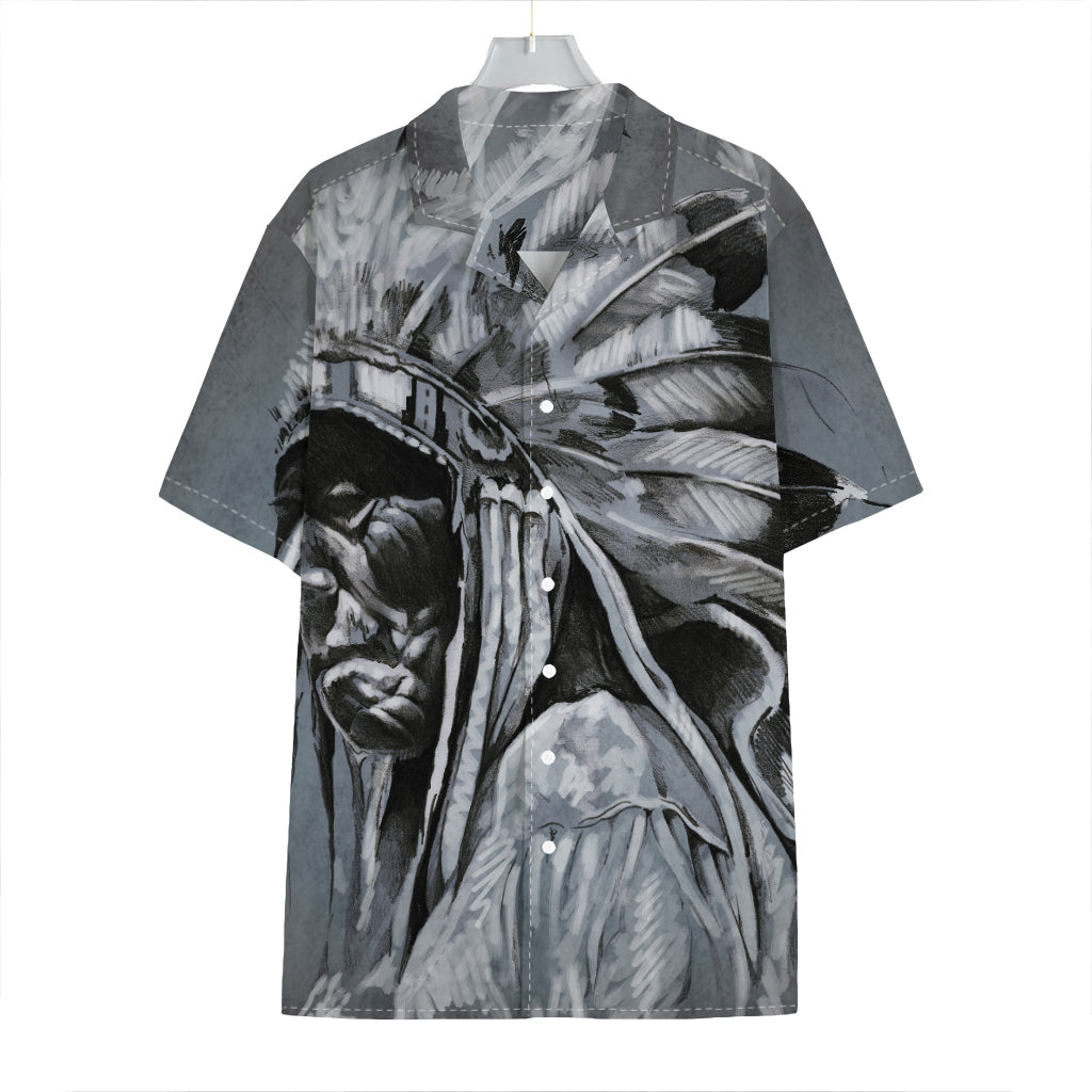 Monochrome Native Indian Portrait Print Hawaiian Shirt