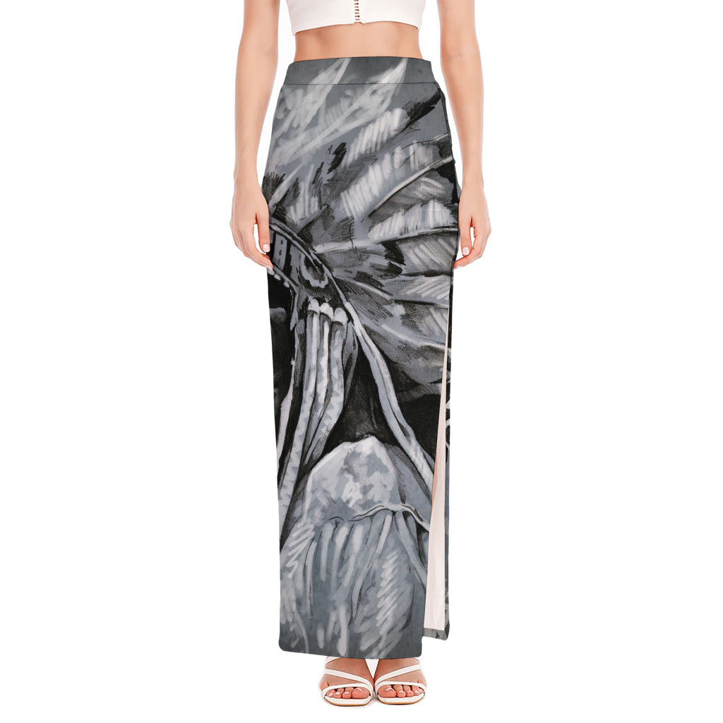 Monochrome Native Indian Portrait Print High Slit Maxi Skirt