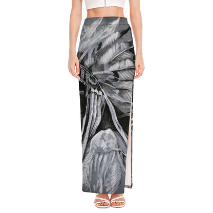 Monochrome Native Indian Portrait Print High Slit Maxi Skirt
