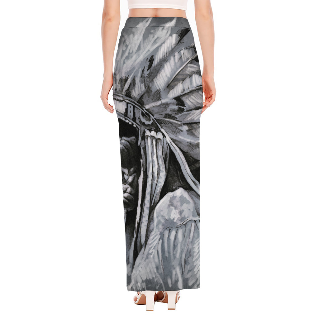 Monochrome Native Indian Portrait Print High Slit Maxi Skirt