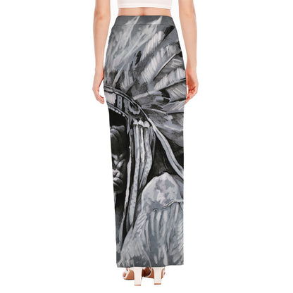 Monochrome Native Indian Portrait Print High Slit Maxi Skirt