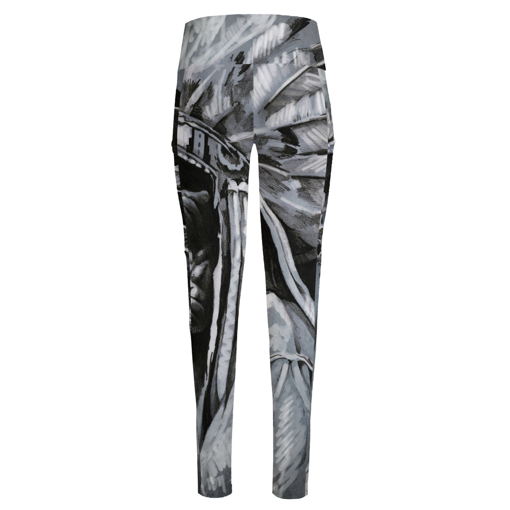 Monochrome Native Indian Portrait Print High-Waisted Pocket Leggings