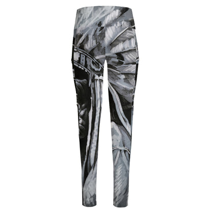 Monochrome Native Indian Portrait Print High-Waisted Pocket Leggings