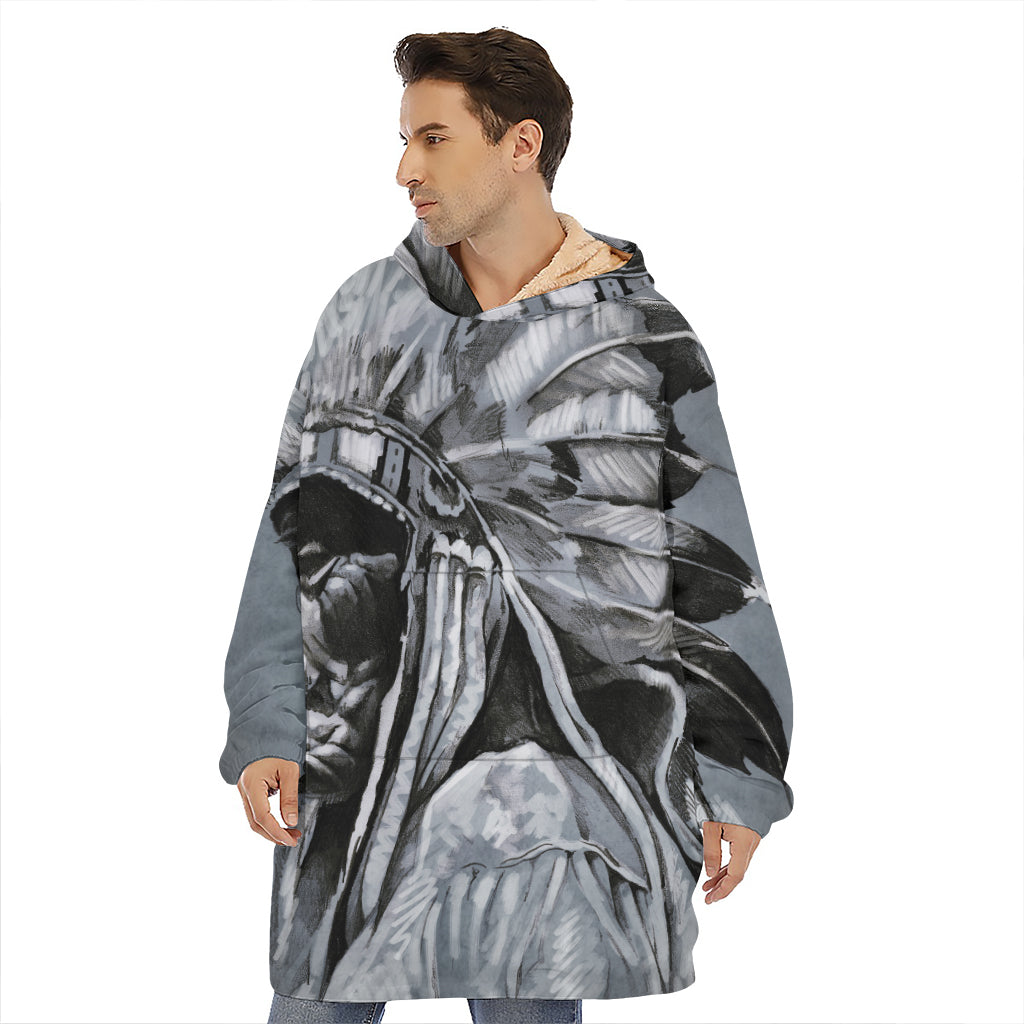 Monochrome Native Indian Portrait Print Hoodie Blanket