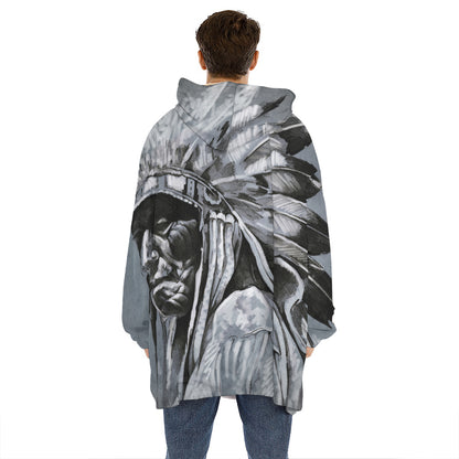 Monochrome Native Indian Portrait Print Hoodie Blanket