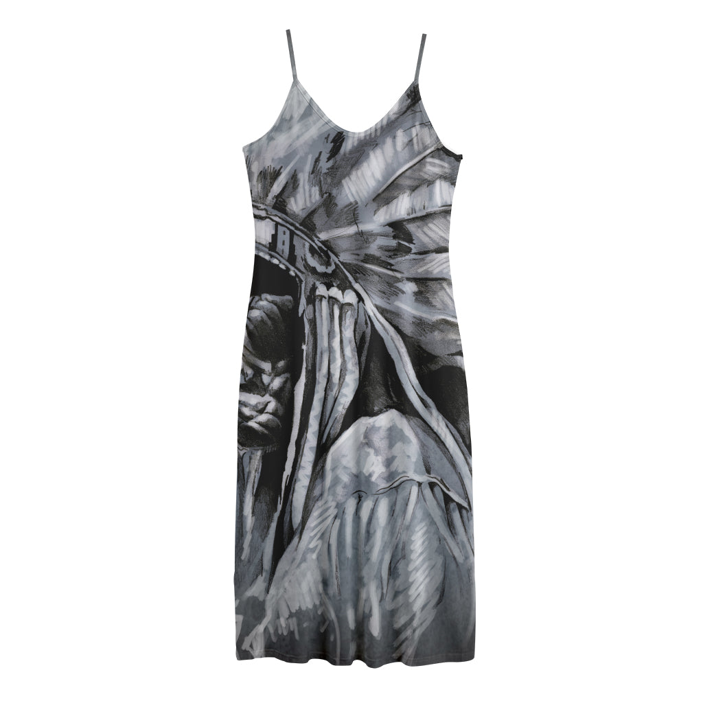 Monochrome Native Indian Portrait Print Jersey Midi Cami Dress