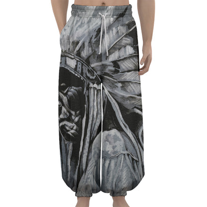 Monochrome Native Indian Portrait Print Lantern Pants