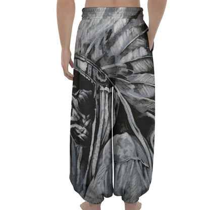 Monochrome Native Indian Portrait Print Lantern Pants