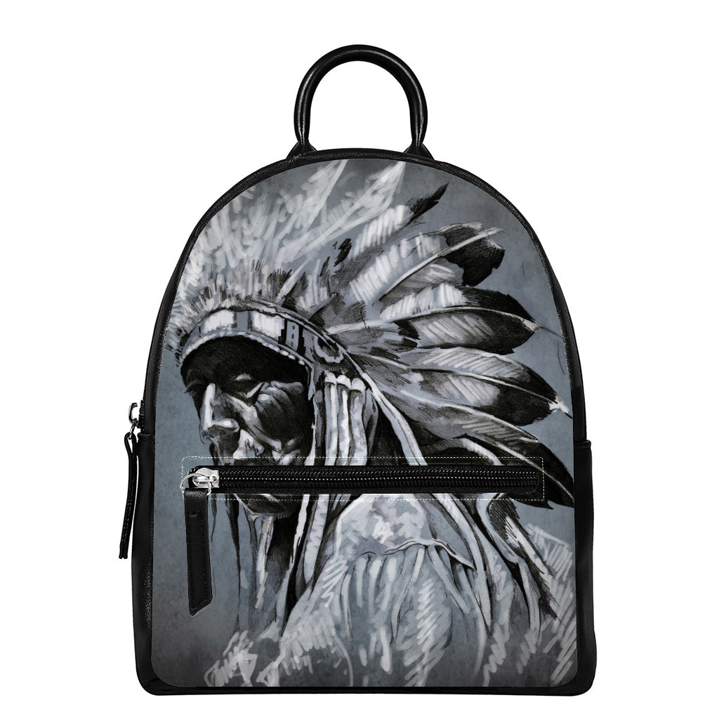 Monochrome Native Indian Portrait Print Leather Backpack