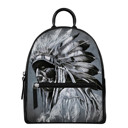 Monochrome Native Indian Portrait Print Leather Backpack