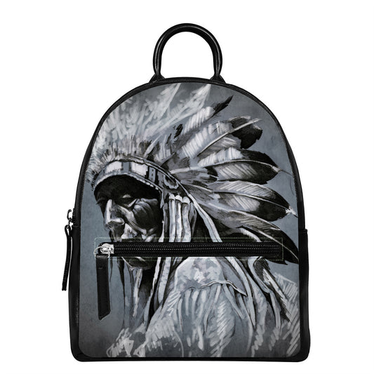 Monochrome Native Indian Portrait Print Leather Backpack
