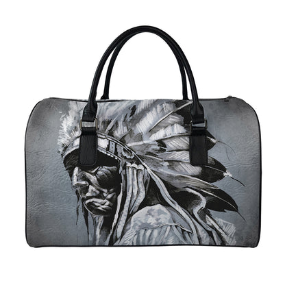 Monochrome Native Indian Portrait Print Leather Duffle Bag
