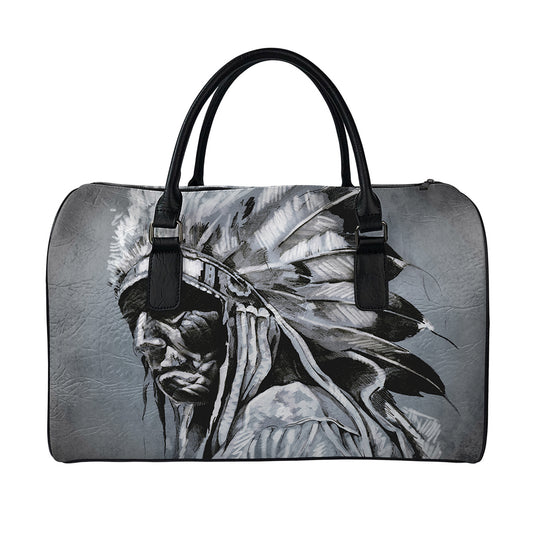 Monochrome Native Indian Portrait Print Leather Duffle Bag