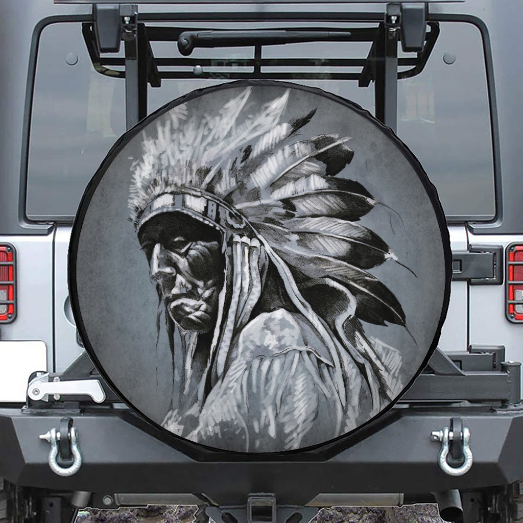 Monochrome Native Indian Portrait Print Leather Spare Tire Cover