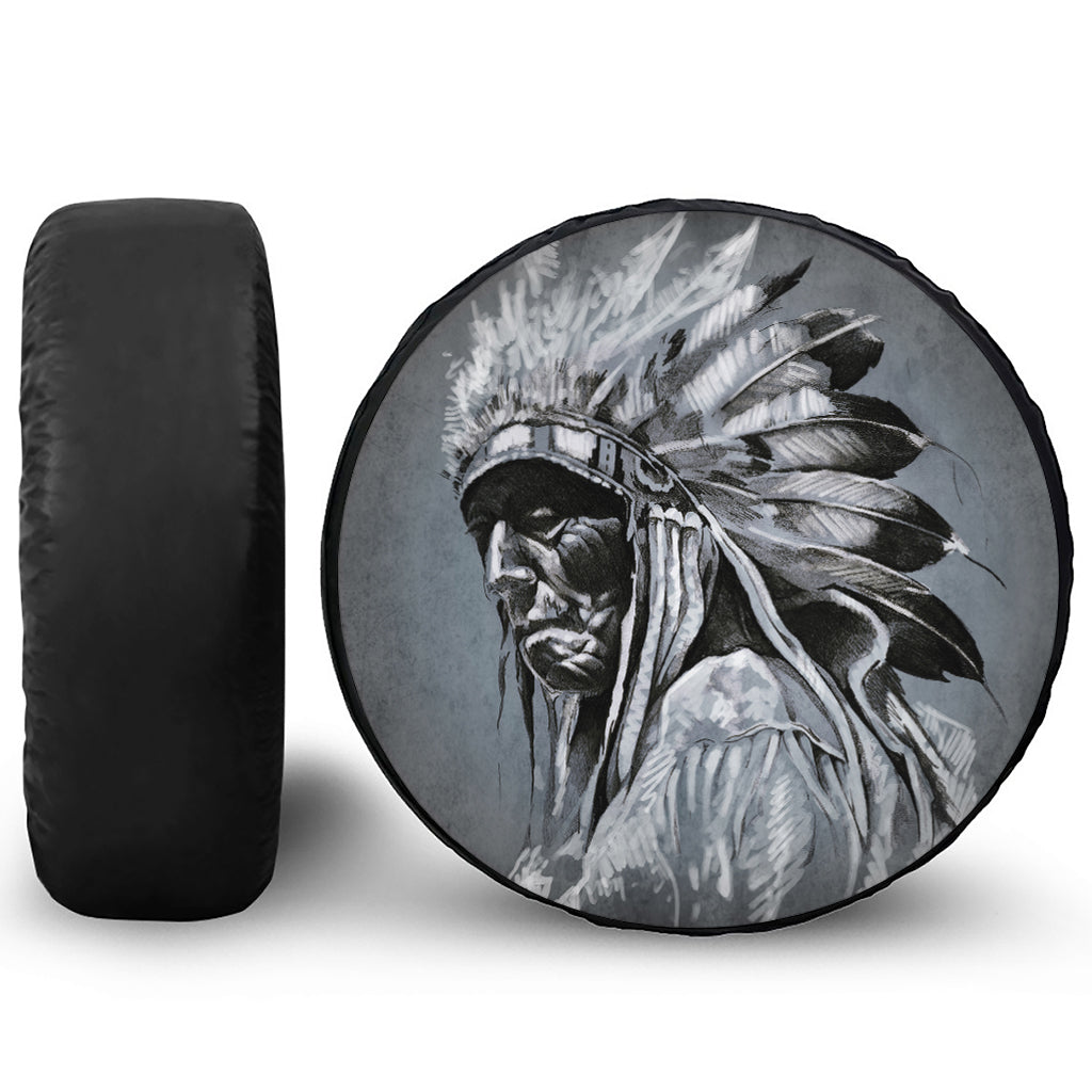 Monochrome Native Indian Portrait Print Leather Spare Tire Cover