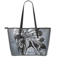Monochrome Native Indian Portrait Print Leather Tote Bag With Zipper
