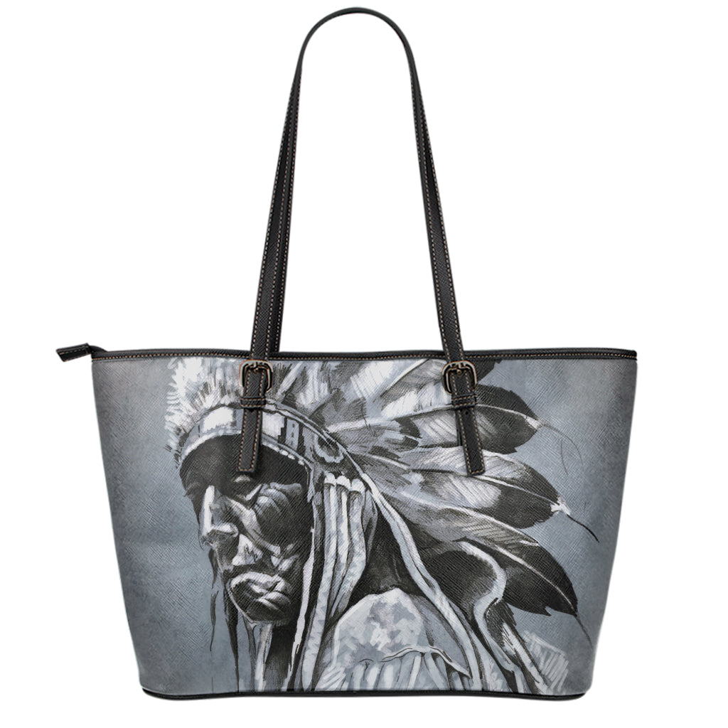 Monochrome Native Indian Portrait Print Leather Tote Bag
