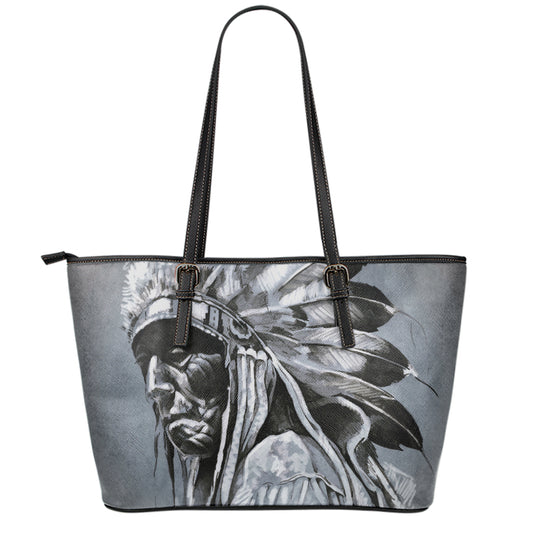 Monochrome Native Indian Portrait Print Leather Tote Bag