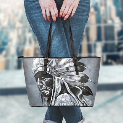 Monochrome Native Indian Portrait Print Leather Tote Bag