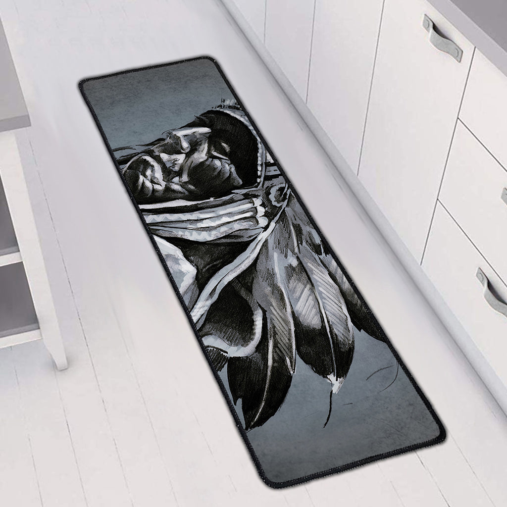 Monochrome Native Indian Portrait Print Long Kitchen Mat