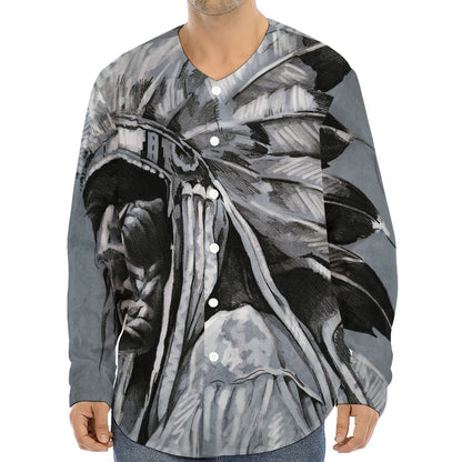 Monochrome Native Indian Portrait Print Long Sleeve Baseball Jersey