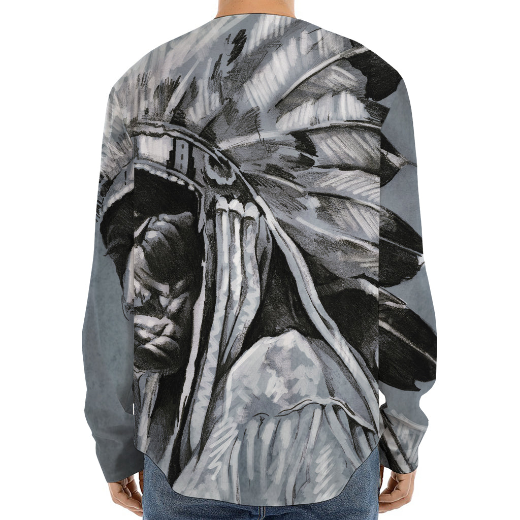 Monochrome Native Indian Portrait Print Long Sleeve Baseball Jersey