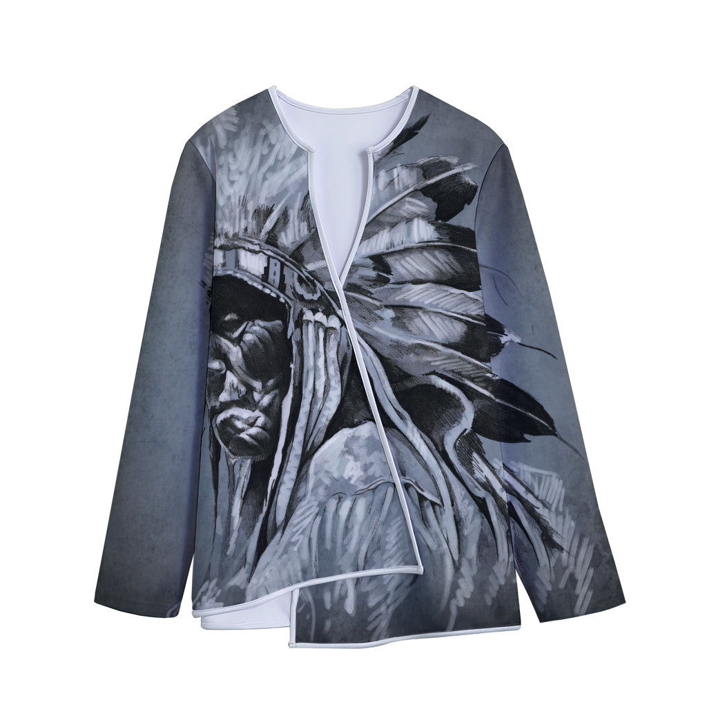 Monochrome Native Indian Portrait Print Long Sleeve Short Coat