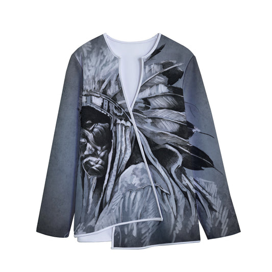 Monochrome Native Indian Portrait Print Long Sleeve Short Coat
